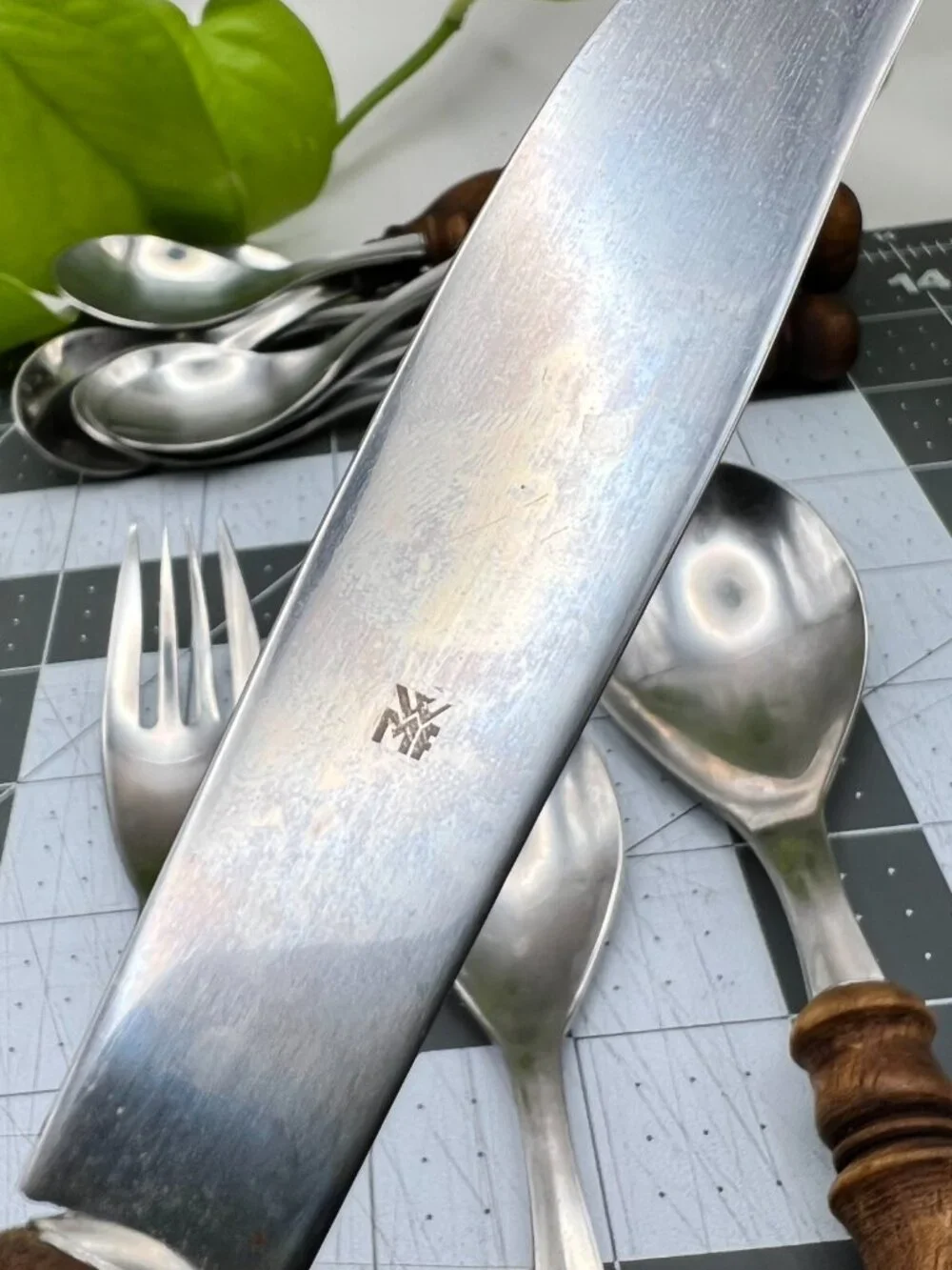 Vintage WMF Cromargan Burgund Flatware German Stainless Steel Hand Turned Teak